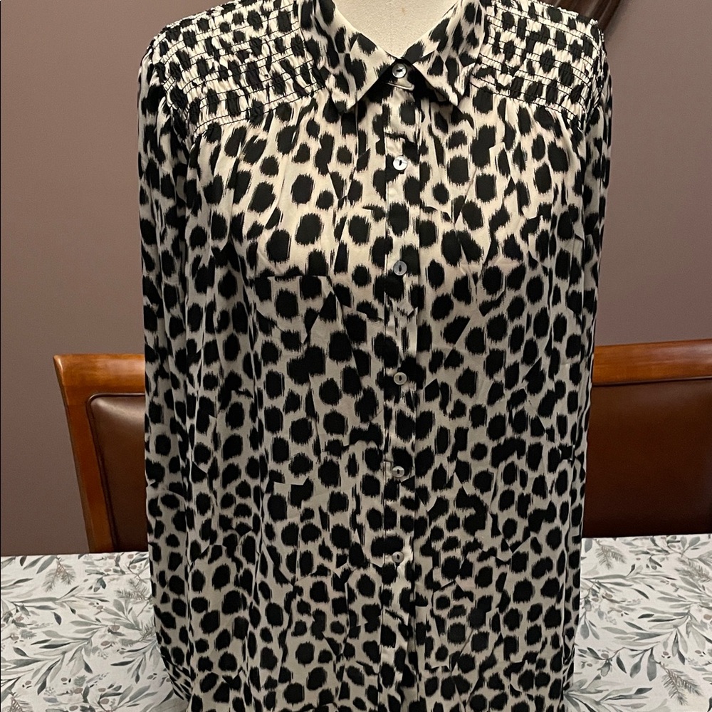 Rose & Olive White and Black Dot Dalmatian Leopard Print Ruched Blouse